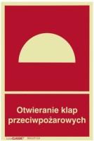 Znak  OTWIERANIE KLAP PRZECIWPOŻAROWYCH 150x220mm